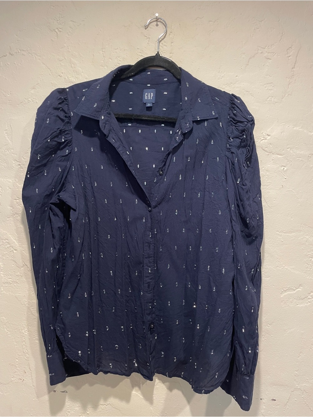 GAP Navy Button-Down Shirt with Silver Metallic Embellishments - Women’s Large